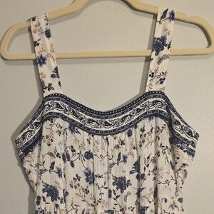 Blue and White Smocked Pleated Sleeveless Dress